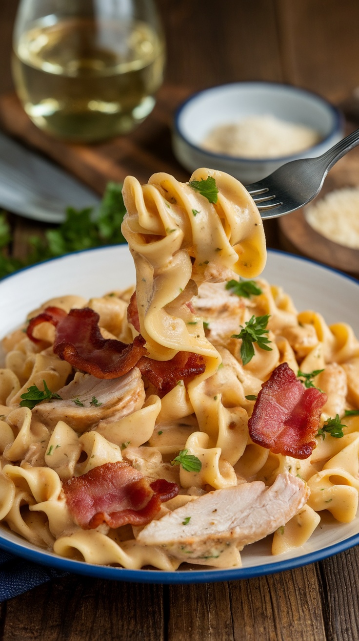 Creamy Bacon and Chicken Pasta Recipe A plate of creamy bacon and chicken pasta, garnished with parsley, on a rustic wooden table.